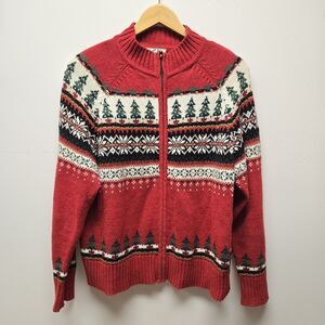Vintage Heirloom Collectibles Zip Up Tree Fair Isle Holiday Sweater Women's Lg